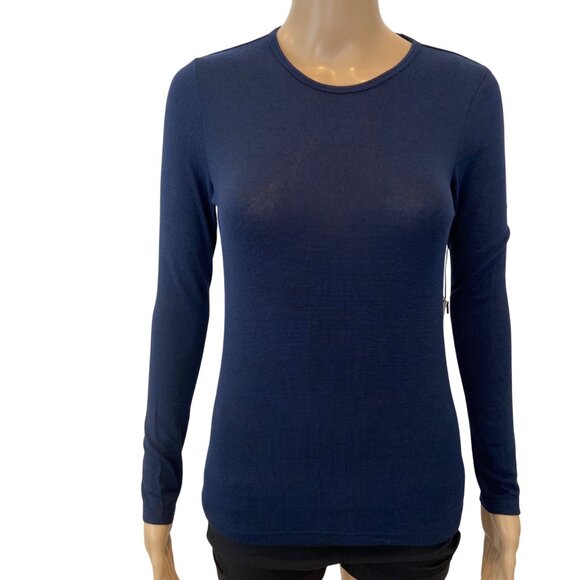 Womens Navy Open-Back Long Sleeve Top S Karma Stretchy Fabric Casual Fit Round - Picture 3 of 12